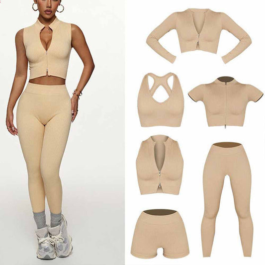 Women's New Fashion Joker Sports Bra Yoga Pants Long-sleeved Jacket Short-sleeved Tight Training Vest Six-piece Yoga Clothes.